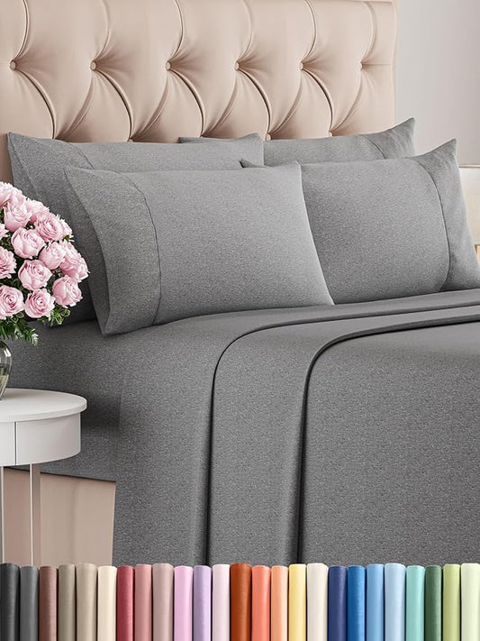 CGK Linens King 6 Piece Sheet Set - Cooling Sheets for Hot Sleepers - Hotel Luxury Bedding Set with 8-16 Inch Deep Pockets - 1 Flat & 1 Fitted & 4 Pillowcases - Soft and Wrinkle Free - Heathered Grey