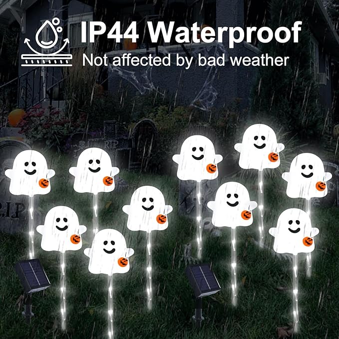 Solar Halloween Ghost Pathway Lights, 10 Pack - Outdoor Ghost Stake Lights with Pumpkin Design, Solar Powered Auto-On, Waterproof Halloween Decor for Garden, Walkway, Yard, Party (Transparent)