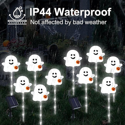 Solar Halloween Ghost Pathway Lights, 10 Pack - Outdoor Ghost Stake Lights with Pumpkin Design, Solar Powered Auto-On, Waterproof Halloween Decor for Garden, Walkway, Yard, Party (Transparent)