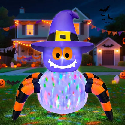 TURNMEON 3.6 Ft Halloween Inflatables Spiders Wear Witch Hat Decorations Outdoor with Rotating Colorful Lights 4 Stakes 2 Tethers 1 Sand Bag Blow Up Halloween Decoration Yard Lawn Garden Holiday Party