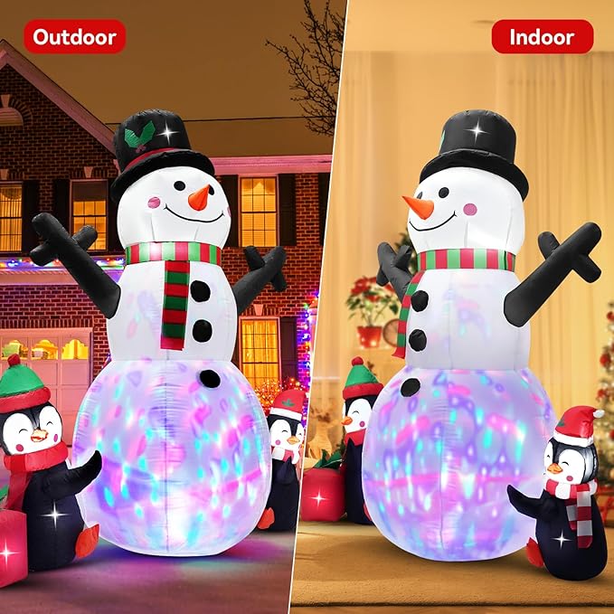 6 FT Christmas Inflatable Snowman Outdoor Decoration with Build-in Multicolor LEDs, Snowman with 2 Penguins Gift Blow Up Inflatables Christmas for Yard Garden Lawn Xmas Holiday Decor