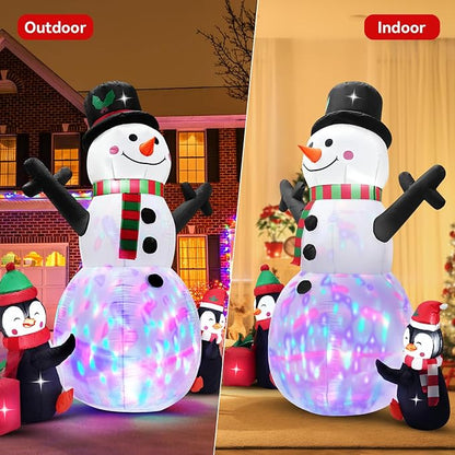 6 FT Christmas Inflatable Snowman Outdoor Decoration with Build-in Multicolor LEDs, Snowman with 2 Penguins Gift Blow Up Inflatables Christmas for Yard Garden Lawn Xmas Holiday Decor