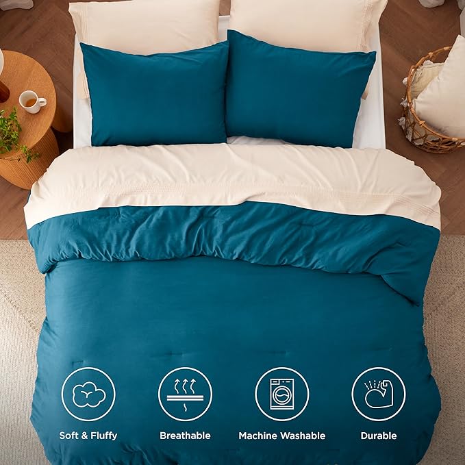 Bedsure Queen Size Comforter Set, Teal Soft Prewashed Bedding for All Seasons, 3 Pieces GentleSoft™ Warm Down Alternative Bed Set, 1 Lightweight Comforter (90"x90") and 2 Pillowcases (20"x26")