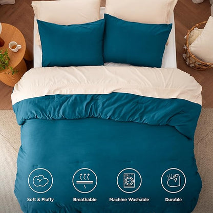 Bedsure Queen Size Comforter Set, Teal Soft Prewashed Bedding for All Seasons, 3 Pieces GentleSoft™ Warm Down Alternative Bed Set, 1 Lightweight Comforter (90"x90") and 2 Pillowcases (20"x26")