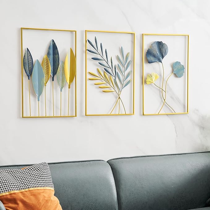 FUNTEREST Gold Leaf Wall Decor Modern Wall Art Home Decor, Set of 3 Metal Wall Hanging Decoration for Living Room Office Bedroom Hotel