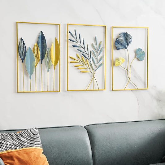 FUNTEREST Gold Leaf Wall Decor Modern Wall Art Home Decor, Set of 3 Metal Wall Hanging Decoration for Living Room Office Bedroom Hotel