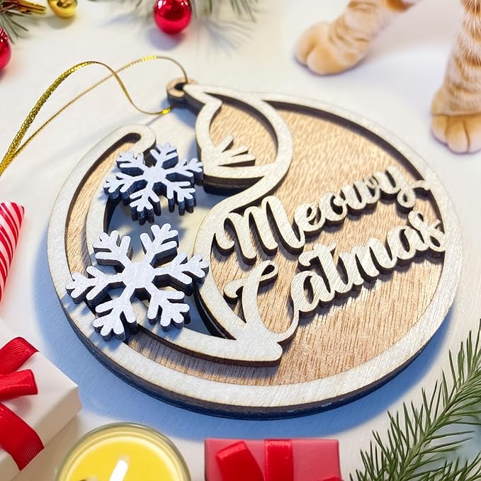 Meowy Catmas Wooden Christmas Ornament - Festive Cat-Themed Holiday Decoration for Cat Lovers - 2024