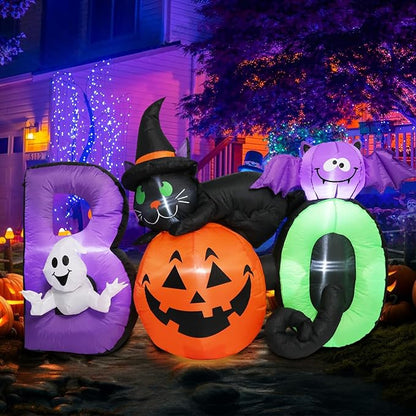 MUMTOP Halloween Inflatables Outdoor Decorations - 5 FT Pumpkin Inflatable with Ghost, Black Cat and Bat, Halloween Blow Up Yard Decorations with Built-in LED Lights for Party Yard Garden