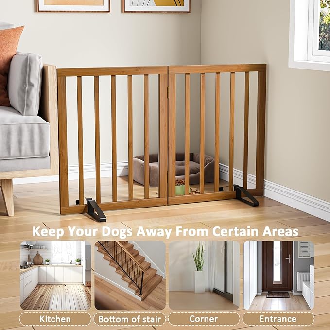 Walnut Dog Gates for Doorways, Foldable Dog Gate for Stairs, Bamboo Freestanding Pet Gate with 2 Support Feet, Puppy Fences Indoor