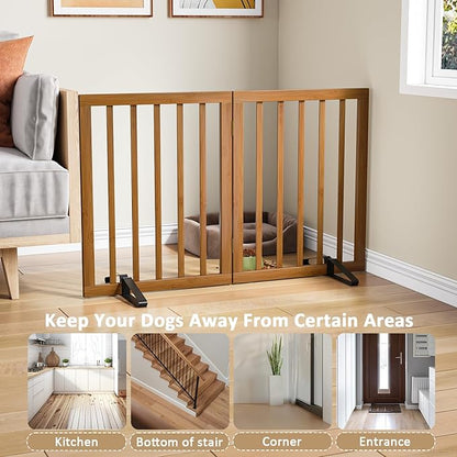 Walnut Dog Gates for Doorways, Foldable Dog Gate for Stairs, Bamboo Freestanding Pet Gate with 2 Support Feet, Puppy Fences Indoor