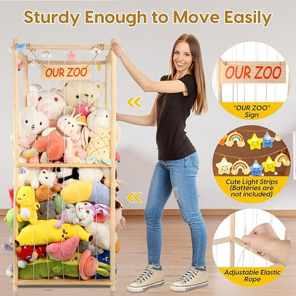 Extra Large Stuffed Animal Storage Wooden Stuff Animal Organizer 63" Stuffed Animal Zoo Holder Kids Plush Toys Cage Stuffed Animal Display with Light Strips for Playroom Bedroom Nursery Room Decor