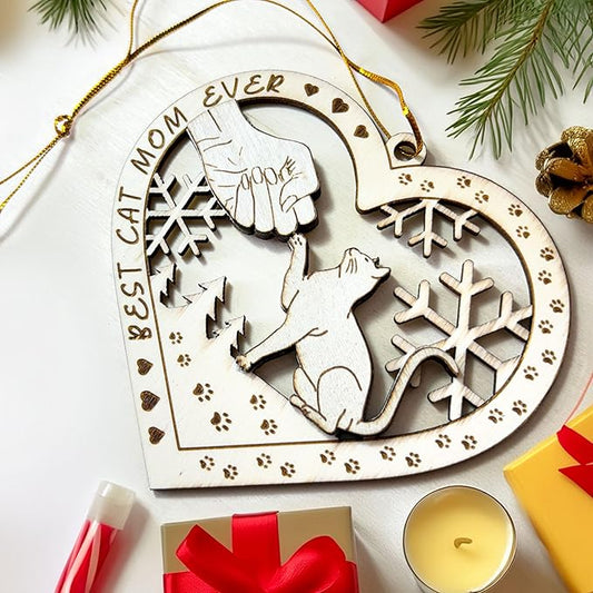 Best Cat Mom Ever - Wooden Heart-Shaped Cat & Mom Fist Bump Christmas Ornament