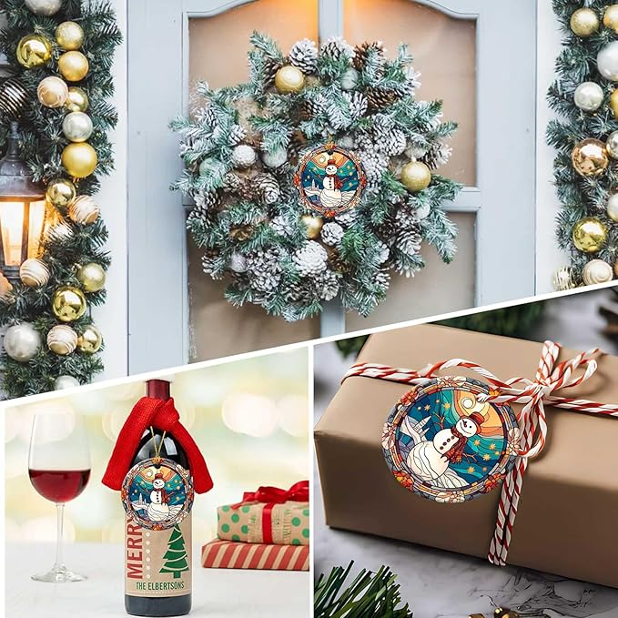 Snowman Ornaments Round Ceramic Stained Glass Style Ornament Christmas Keepsake Decor for Christmas Tree Winter Holiday Xmas Gift for Women Men Hanging Ornament 3"