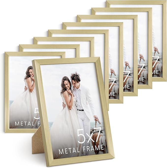 HAUS AND HUES 5x7 Gold Metal Picture Frames - 5X7 Frames Bulk - Features Premium Aluminum, Vertical Hanging, Easel Back for Tabletop, Home, Office (5x7 in, Gold, Set of 9)