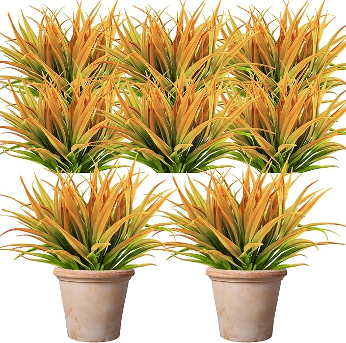 Artificial Fake Grass, 24 PCS Outdoor Faux Grasses Plastic Plants Greenery UV Resistant for Outside Home Windowbox Garden Office Patio Hanging Planter Front Porch Fall Décor (Yellow)