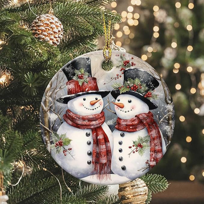 Snowman Couple Ornament Round Ceramic Ornaments Xmas Keepsake for Christmas Tree Winter Holiday Xmas Gift for Women Men Xmas Hanging Ornament 3"