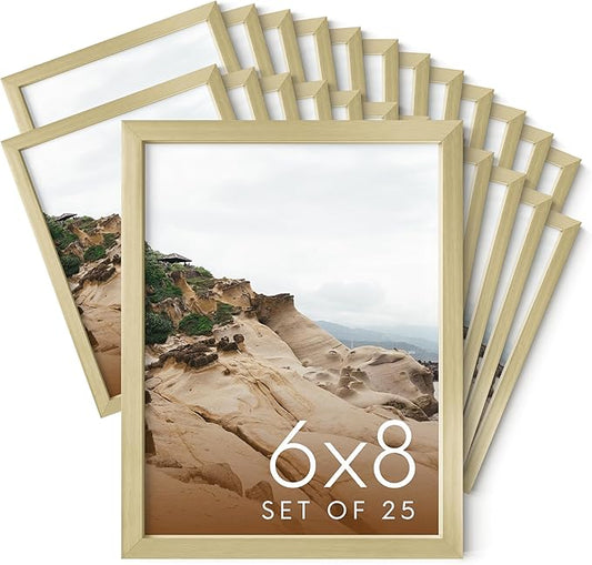 HAUS AND HUES 6x8 Gold Metal Picture Frames - 6x8 Frames Bulk - Features Premium Aluminum, Vertical Hanging, Easel Back for Tabletop, Home, Office (6x8 in, Gold, Set of 25)