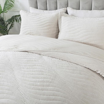 HoneiLife Quilt Set Queen Size - Velvet Quilt Sets 3-Pieces, Stripe Bedspread for Queen Beds, Queen Quilt Bedding Sets All Season Quilts- Nature White