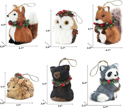 naturevibe Sisal Woodland Animals Christmas Tree Ornaments,Set of 6 Natural Forest Friends with Gift Boxes for Presents,Ornaments Animals as Rustic Home Decorations