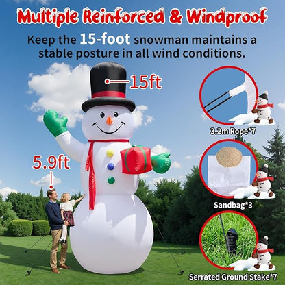 Dawdix 15FT Christmas Decor Inflatable Snowman, Blow Up Yard Decor Snowman with LED Lights & Magic Hat, Winter Outside Decorations for Yard Garden Patio Lawn Holiday Xmas Party Garden, for Him, Her