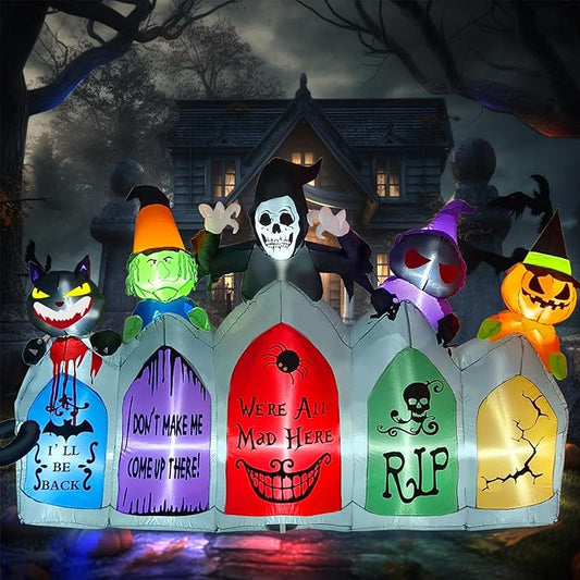 Kalolary 8FT Long Halloween Inflatable Decoration,Blow Up Yard Decoration with Pumpkin Ghost Witch Grim Reaper Black Cat Black Bat Tombstone Build-in Light Decor for Garden Lawn Indoor Outdoor