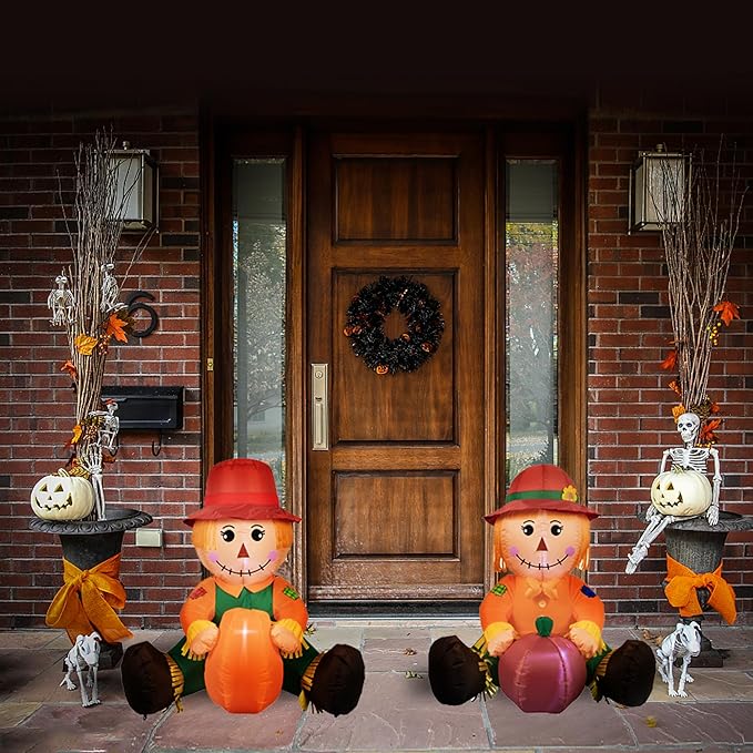 3.3FT Fall Day Outdoor Inflatable Decoration, Set of 2 Adorable Air-Blown Boy Girl Scarecrow with Pumpkin Yard Decor, Lighted Thanksgiving Harvest Decorations for Front Door Garden Lawn