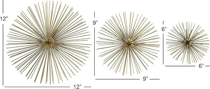 Deco 79 Metal Starburst 3D Short Spike Wall Decor, Set of 3 6", 9", 12"W, Gold