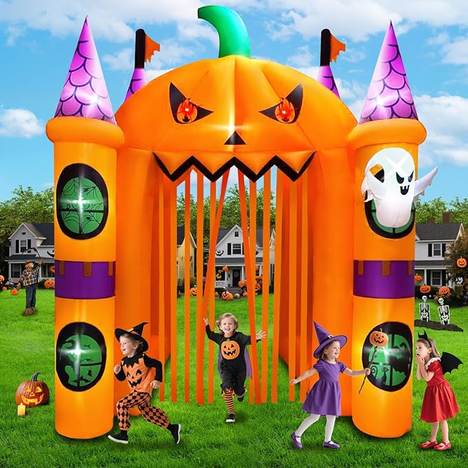 Kalolary 12FT Halloween Inflatables Archway Pumpkin Haunted House, Giant Pumpkin Ghost Arch Inflatable with Built-in Lights Blow Up Halloween Outdoor Yard Decoration for Garden Lawn Outdoor Decors