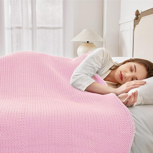 Knitted Weighted Blanket(Pink 60"x80" 15lbs),Home Décor Cooling Throw Blanket for Hot Sleepers,Hand Made Chunky Knit Heavy Blanket for Adults Use on Queen/King Size Bed