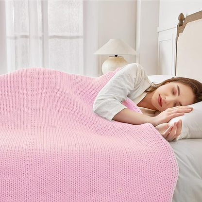 Knitted Weighted Blanket(Pink 50"x60" 10lbs),Home Décor Cooling Throw Blanket for Hot Sleepers,Hand Made Chunky Knit Heavy Blanket or Adults Use on Twin Size Bed