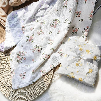 Baby Blankets for Unisex Boys Girls Super Soft Nursery Minky Blankets with Breathable Muslin Cotton Front and 3D Touch Dotted Fleece Backing, Floral Printed Bed Throws Newborn