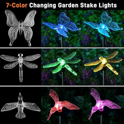 Solar Pathway Lights - 3 Pack Solar Stake Lights Outdoor, Color Changing Solar Powered Halloween Decorative Landscape Lighting Hummingbird Butterfly Dragonfly for Patio Yard Pathway Lawn Walkway