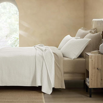 Wonderful Linen Cotton Quilt Set Queen Size, 100% Cotton Back and Filling, 3 Piece Pre-Washed White Bedding Cover, Wave Stitched Bedspread Coverlet Bedding Set 3-Piece for All Seasons, 94"x94"