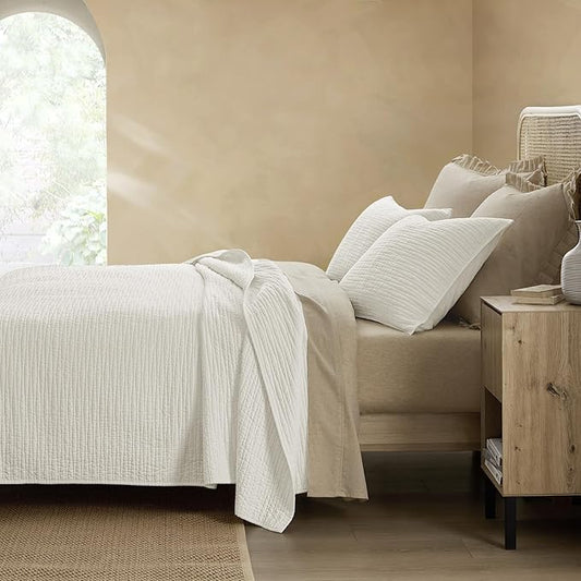 Wonderful Linen Cotton Quilt Set Queen Size, 100% Cotton Back and Filling, 3 Piece Pre-Washed White Bedding Cover, Wave Stitched Bedspread Coverlet Bedding Set 3-Piece for All Seasons, 94"x94"