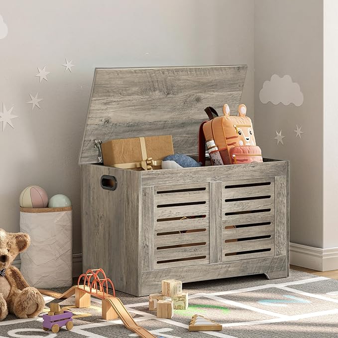 DINZI LVJ Storage Chest, Flip-Top Wooden Toy Box with 2 Safety Hinges, Entryway Shoe Storage Bench, Good Ventilation, Storage Trunk for Living Room, Bedroom, Easy Assembly, Grey Wash