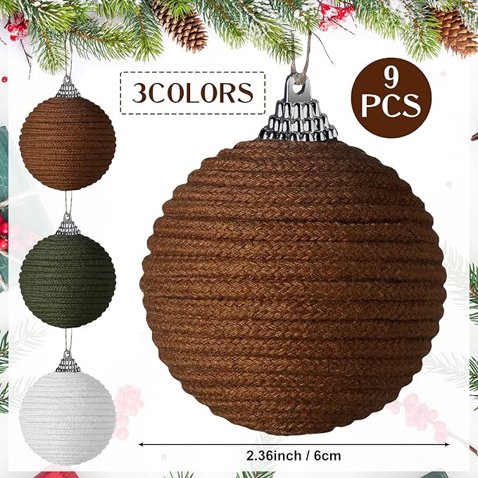 Syhood 9 Pcs 2.36 Inch Christmas Ball Ornaments Boho Farmhouse Jute Rope Hanging Balls Burlap Neutral Rustic Ornaments for Xmas Tree Holiday Wreath Garland Wedding Home(White, Green, Light Brown)