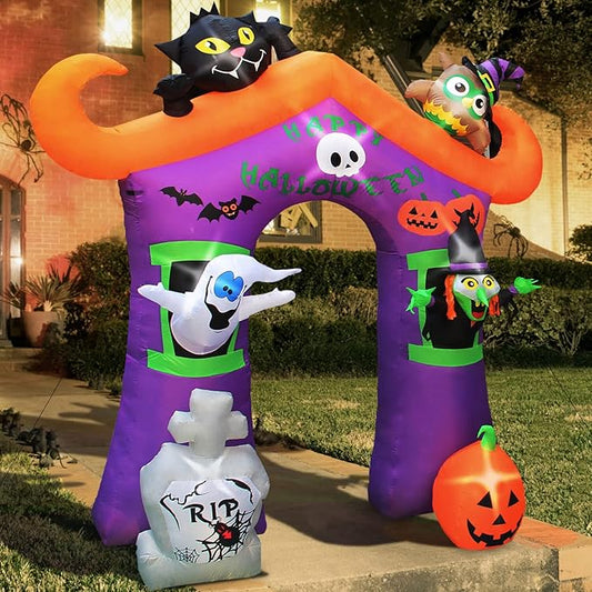Haunted Hill Farm 10.5-ft. Haunted House Arch Blow Up with Lights, Modern Inflatable Decorations for Halloween, Giant Spooky Outdoor Decorations for Patio and Yard