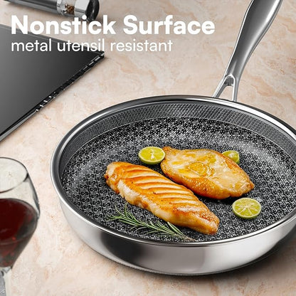 Non Stick Frying Pans with lid, 12 inch Hybrid Frying Pans Nonstick, non stick Stainless Steel Skillets, Dishwasher and Oven-Safe, nonStick Cookware, Induction Compatible Cooking Pan