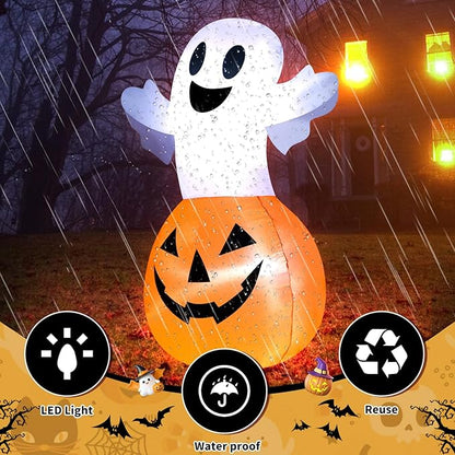 TRMESIA 4FT Halloween Inflatable Decor White Ghost Pumpkin with LED Lights Indoor Outdoor Blow Up Decoration Halloween Party Holiday Decoration