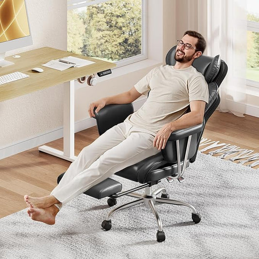 DEVAISE Executive Ergonomic Leather Home Office Chair with Footrest, Comfy Reclining Big and Tall Desk Chair with Lumbar Support, Heavy Duty, SGS Class 4 Gas Lift, Black