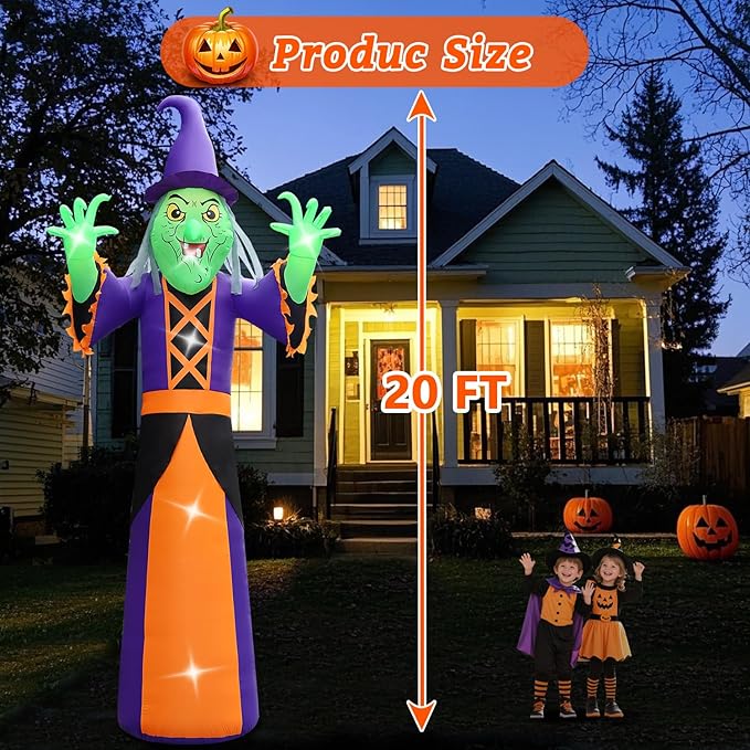 Halloween Inflatables Witch Decorations Outdoor - 20FT Extra Large Horror Witch Halloween Blow up Yard Decorations with LED Build-in for Garden Lawn Indoor Party Decor