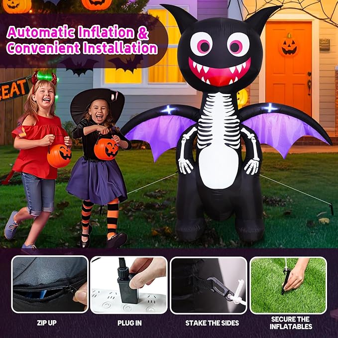 6.8FT Halloween Inflatables Outdoor Decorations – Lighted Skeleton Dinosaur Blow Up Yard Decor with LED Lights, Spooky Halloween Dinosaur for Lawn Porch Trick or Treat Party Display