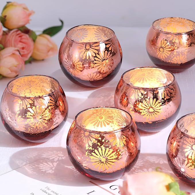 Pink Mercury Glass Votive Candle Holders Set of 12, Round Tealight Candle Holders for Table Centerpieces, Weddings, Shower Gifts, Party Decorations