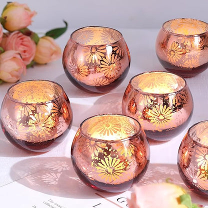 Pink Mercury Glass Votive Candle Holders Set of 12, Round Tealight Candle Holders for Table Centerpieces, Weddings, Shower Gifts, Party Decorations