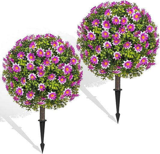 Artificial Topiary Ball with Ground Spike Set of 2, Faux Boxwoods for Outdoor Planters, UV Resistant Artificial Outdoor Plants for Porch, Fake Bushes Round Shrub with Purple Sunflower