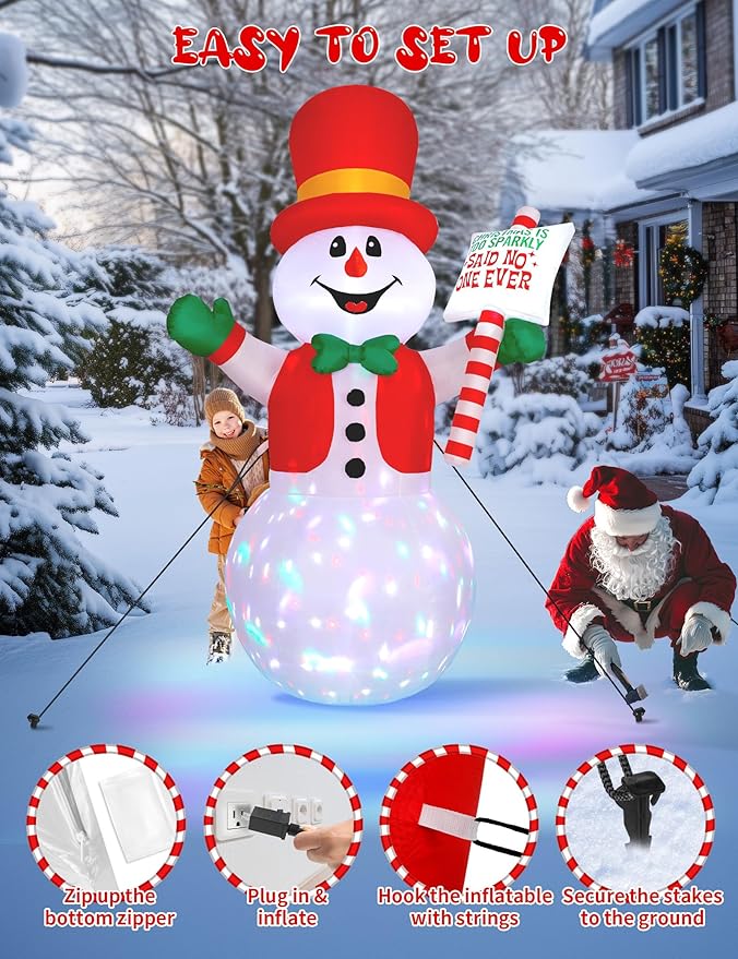 8ft Christmas Inflatable Outdoor Decoration Snowman, Gentleman Snowman Holding Sign Welcoming Guest, Built-in Rotating Disco Light, Blow Up Outside Decor for Xmas Holiday Lawn Yard Garden