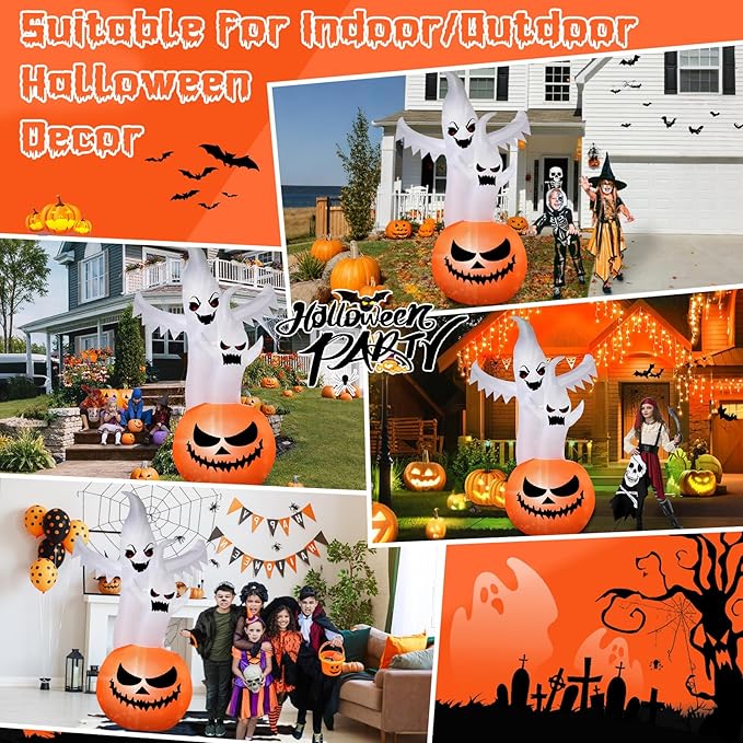 6FT Tall Halloween Inflatable Ghost&Pumpkin Inflatable Decoration with Build-in RGB Lights Blow Up Inflatables for Halloween Party, Yard, Garden, Lawn Decoration