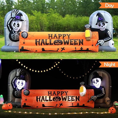 10FT Large Halloween Inflatable Decorations Skeleton Tombstone Banner, Build-in LED Lights Holiday Blow Up Yard Decoration for Halloween Holiday Party Outdoor，Garden Yard Lawn Decor