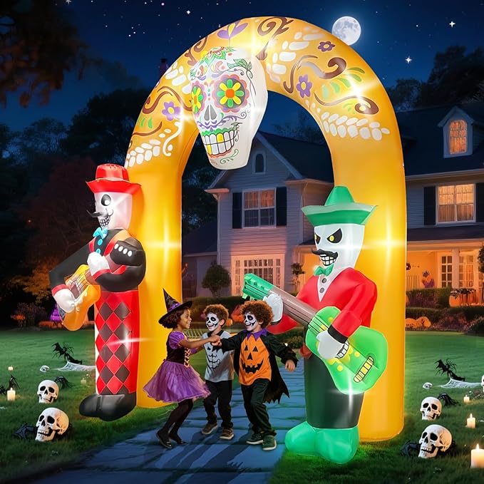 Kalolary 12FT Halloween Inflatables Archway, Day of The Dead Arch Inflatable with Build-in LED Lights Dia De Los Muertos Blow Up Yard Decoration Sugar Skull Halloween Outdoor Decors for Garden Lawn