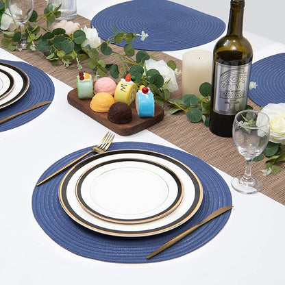 SHACOS Round Placemats Set of 6 Washable 15 inch Round Table Mats Cotton Polyester Woven Braided Place Mats for Dining Table (Sail Blue, 6)